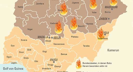 Nigéria térképe az iszlámista tűzfészkekkel