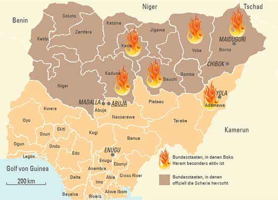 Nigéria térképe az iszlámista tűzfészkekkel