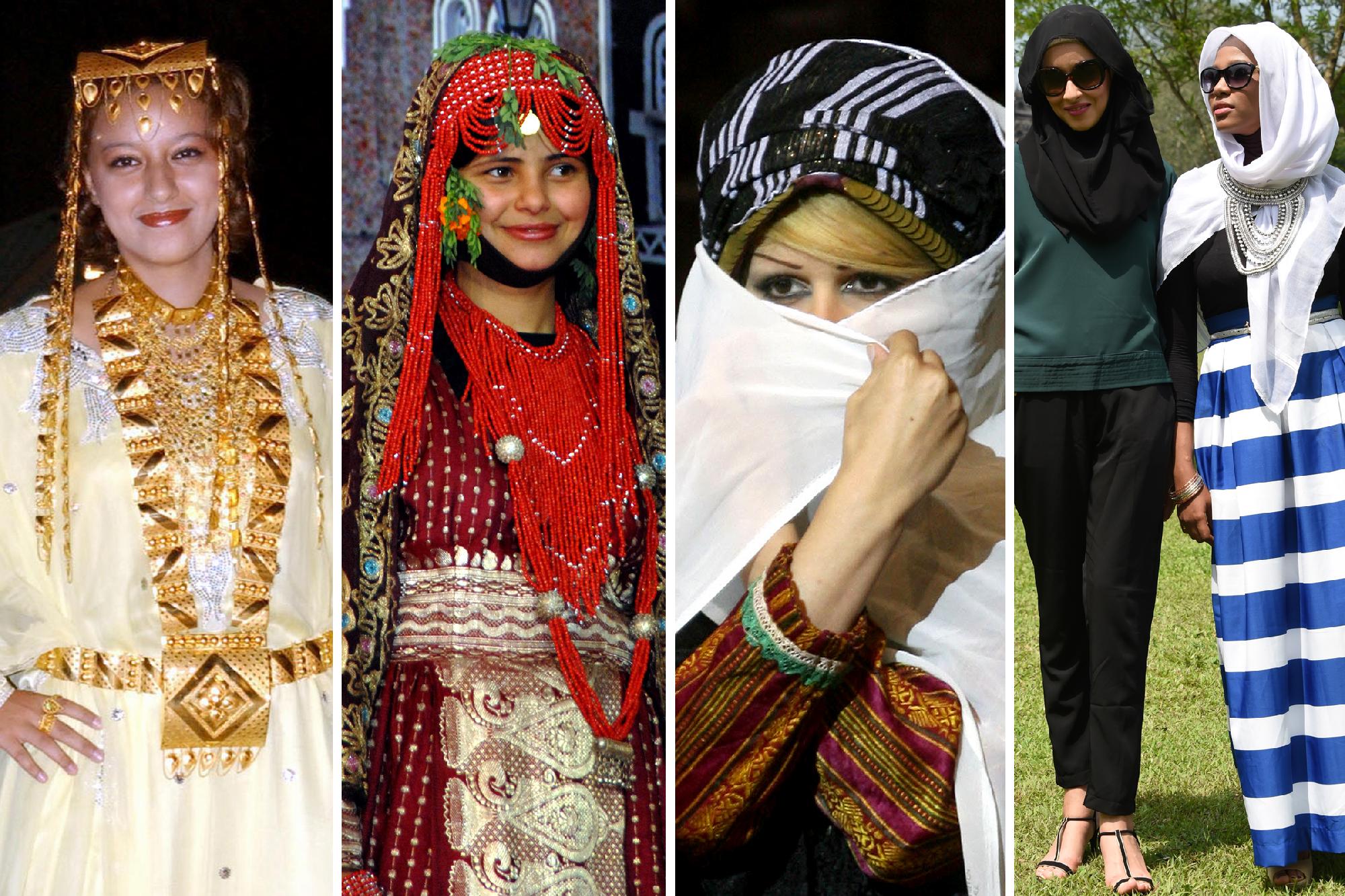 Balról jobbra: 1. A katari ruhatár egy ékes darabja 2. Pompás jemeni népviselet 3. Szőke fürtök a szíriai viselet alatt 4. A modern divat az iszlámot is elérte Europress/AFP