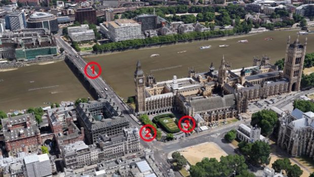 Az 1-es pontnál hajtott a gyaloglók közé, a 2-es pontnál ütközött a parlament kerítésének, a 3-as pontnál lőtték le a támadót - kattintás a galériáért Forrás: Google Earth